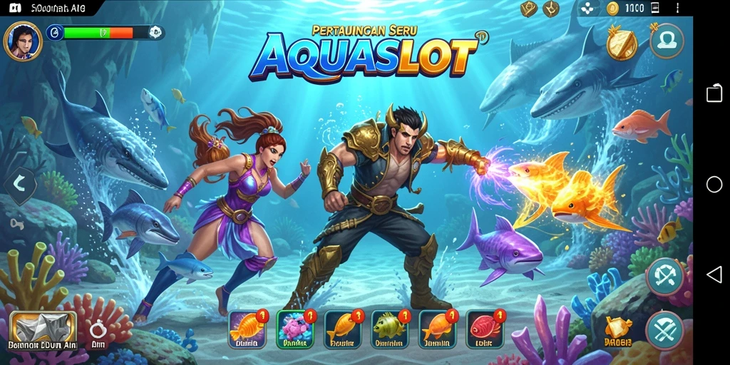 Screenshot utama AQUASLOT menampilkan seru dan dinamisnya pertarungan air.