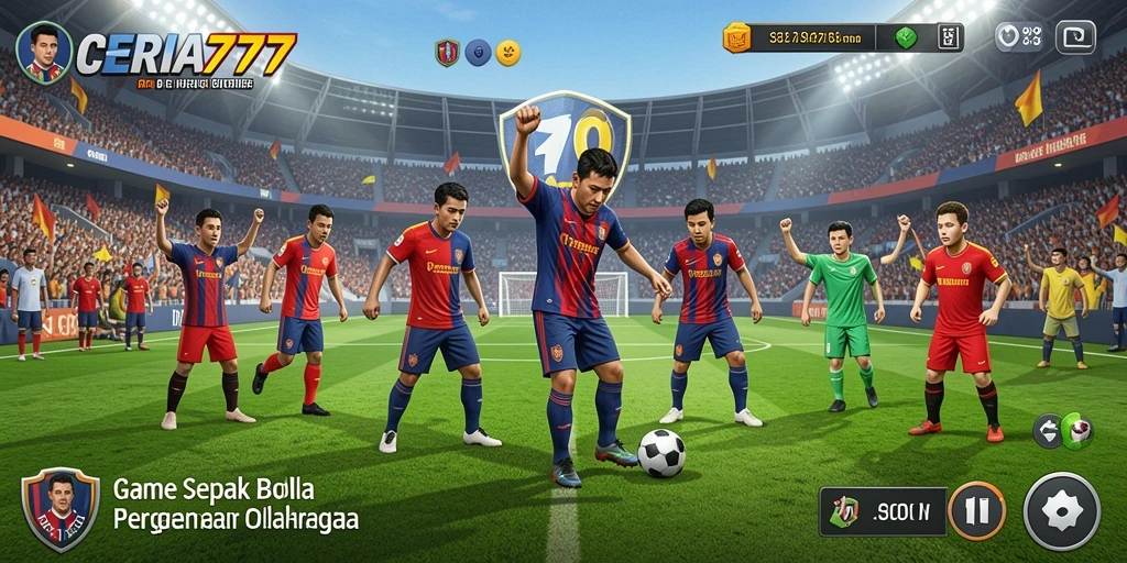 Tangkapan layar gameplay CERIA777 menampilkan momen seru di lapangan sepak bola.