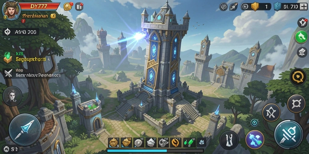 Screenshot gameplay DY777 menampilkan pertahanan menara yang epik.