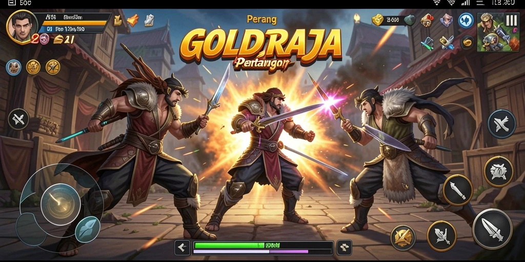 Tampilan permainan <strong>GOLDRAJA</strong> menunjukkan pertarungan seru antar karakter.