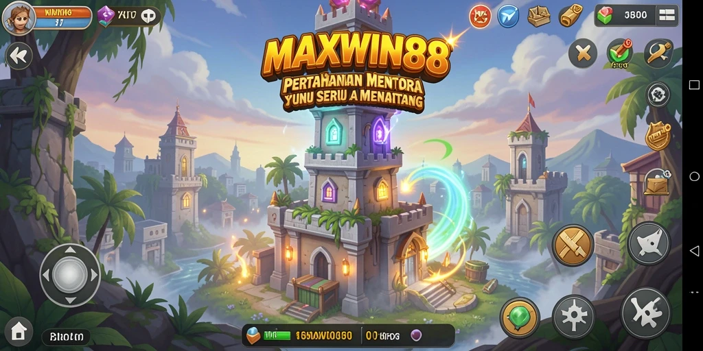 Screenshot utama gameplay MAXWIN88 menampilkan aksi menara yang mengalahkan musuh.