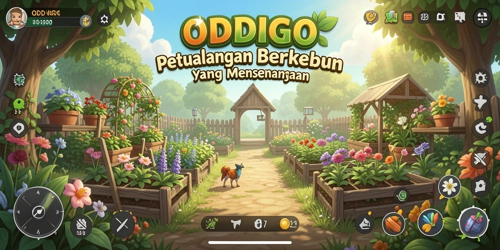 Screenshot ODDIGO menampilkan kebun yang indah dengan berbagai tanaman.