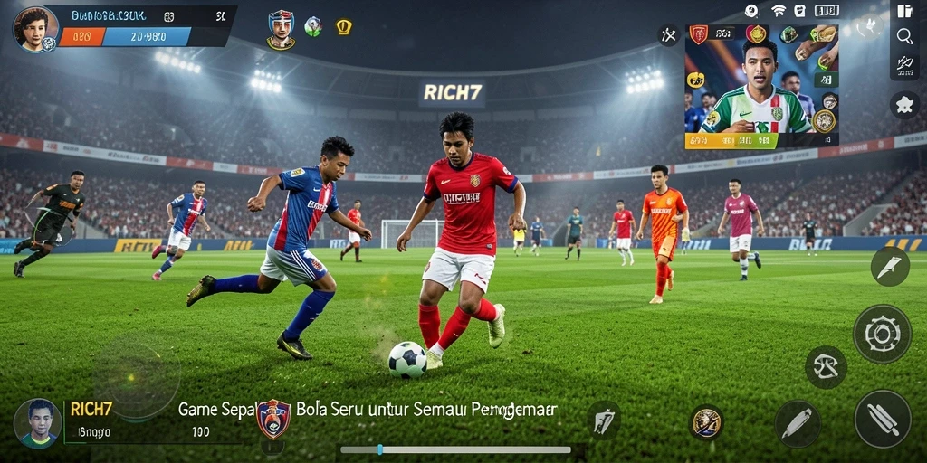 Screenshot gameplay RICH7 menampilkan aksi seru di lapangan sepak bola.
