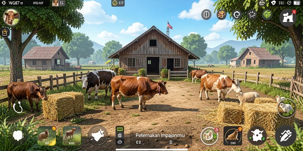 Screenshot gameplay WG87 menampilkan peternakan yang berkembang pesat.