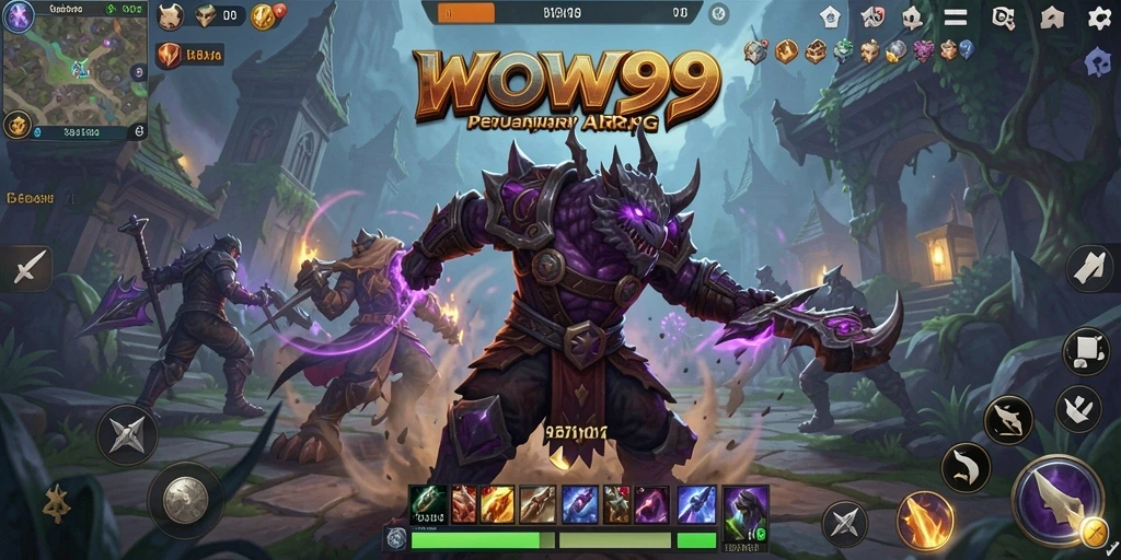 Screenshot gameplay WOW99 menampilkan pertarungan epik di dunia fantasi.